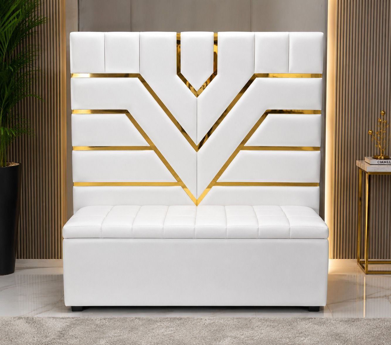 Modern Luxury Reception Bench with Geometric Gold Panel Backrest