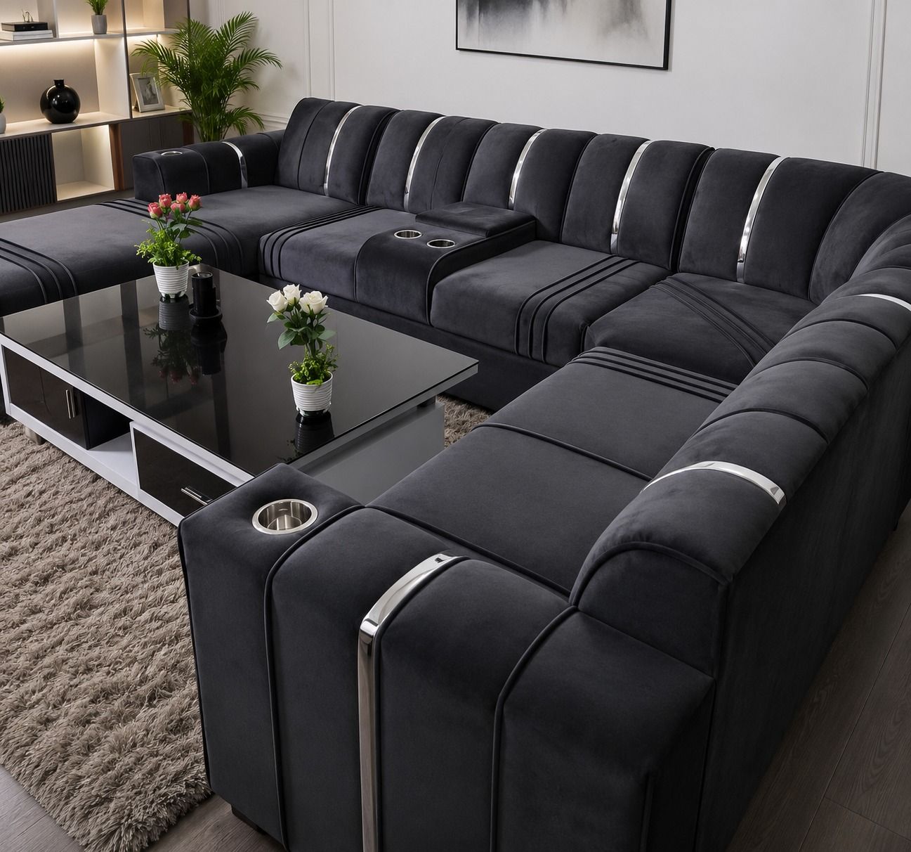 Modern Luxury U-Shaped Velvet Sectional Sofa with Console & Cup Holders