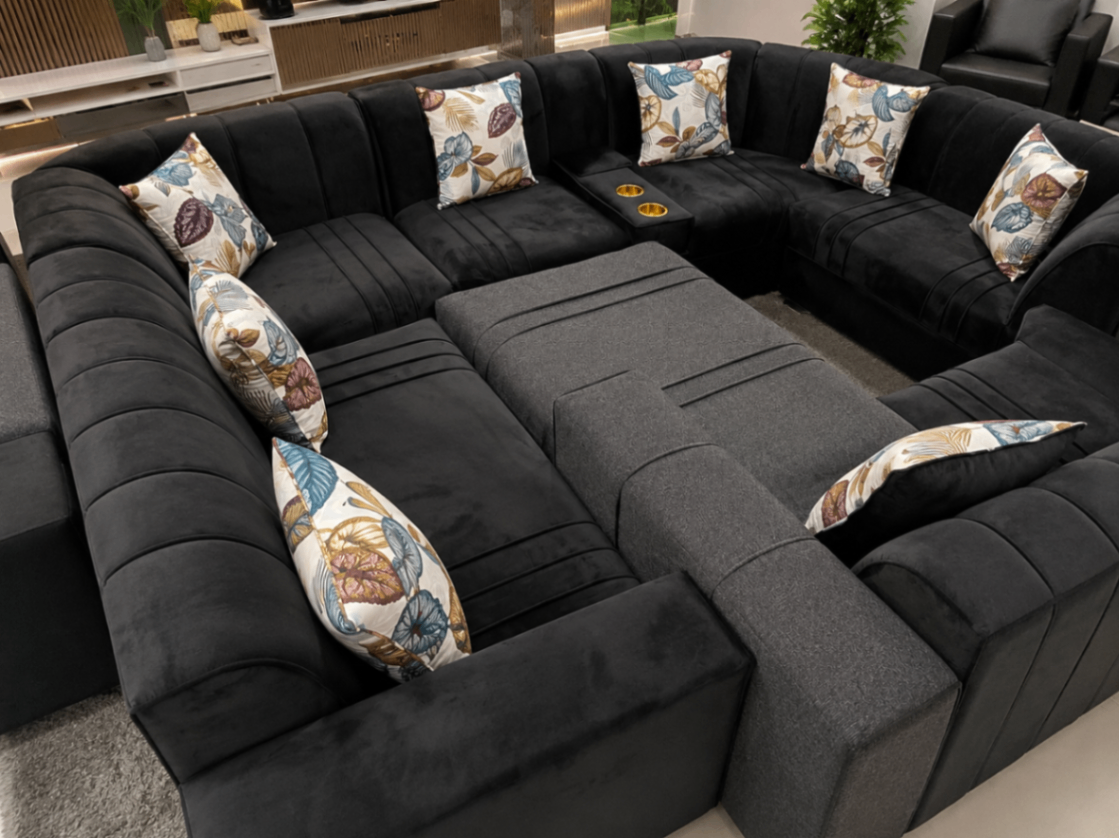 Modern Luxury U-Shaped Velvet Sectional Sofa with Ottoman & Cup Holders