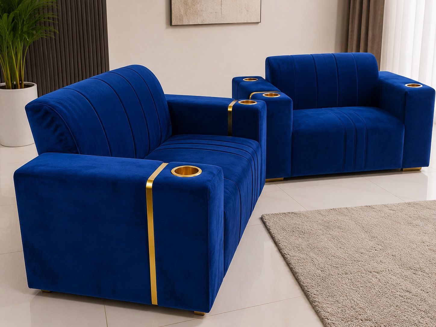 Royal Blue Velvet 3-2 Sofa Set with Gold Accents