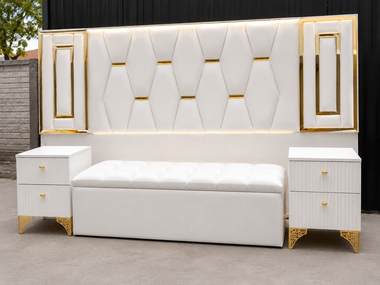 Luxury White & Gold Upholstered Bedroom Set with Designer Headboard