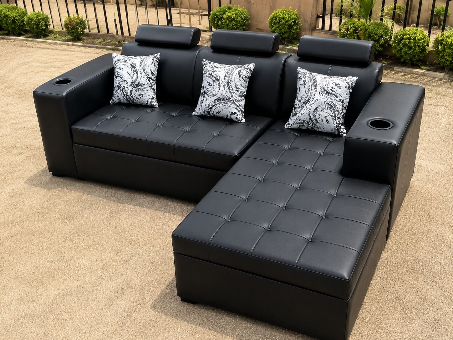 Modern Black L-Shaped Leather Sectional Sofa with Chaise & Cup Holders