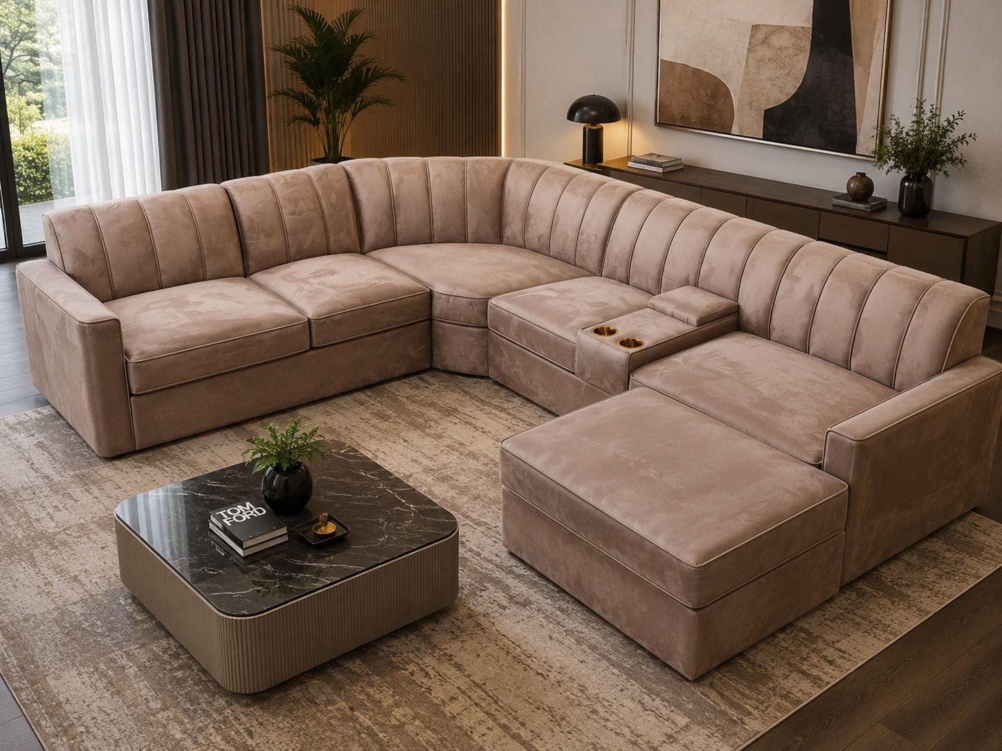 Luxury U-Shaped Lounge Suite with Cup Holder Console
