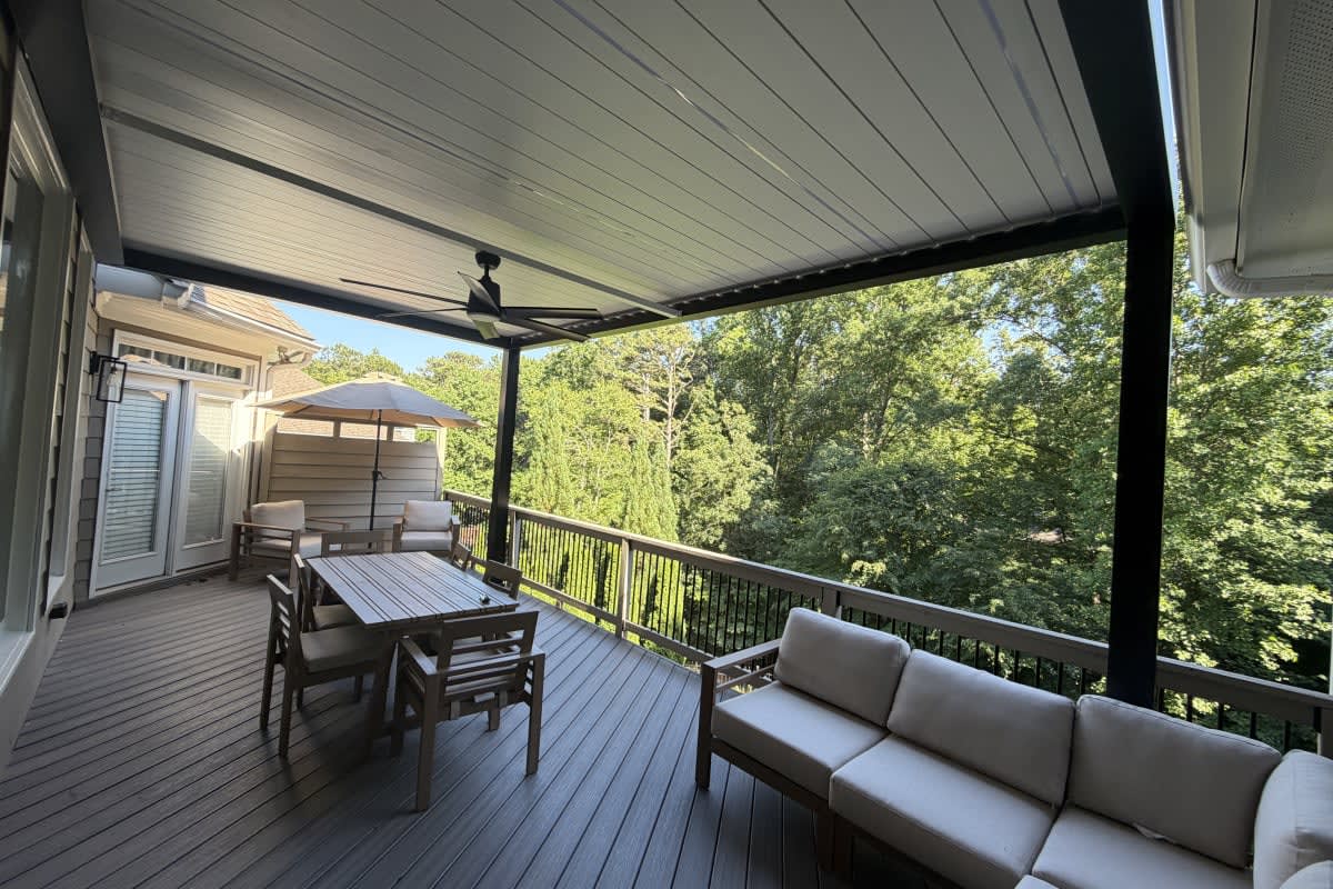 Large Atlas louvered patio cover built over a second-story deck in Marietta, Georgia