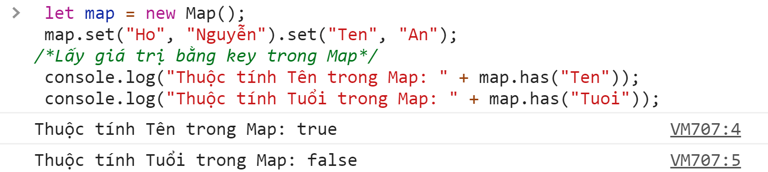 Kiểm tra đối tượng bằng has() Trong Map Javascript