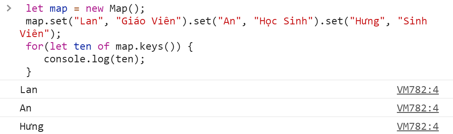 Lấy key bằng keys() Trong Map Javascript