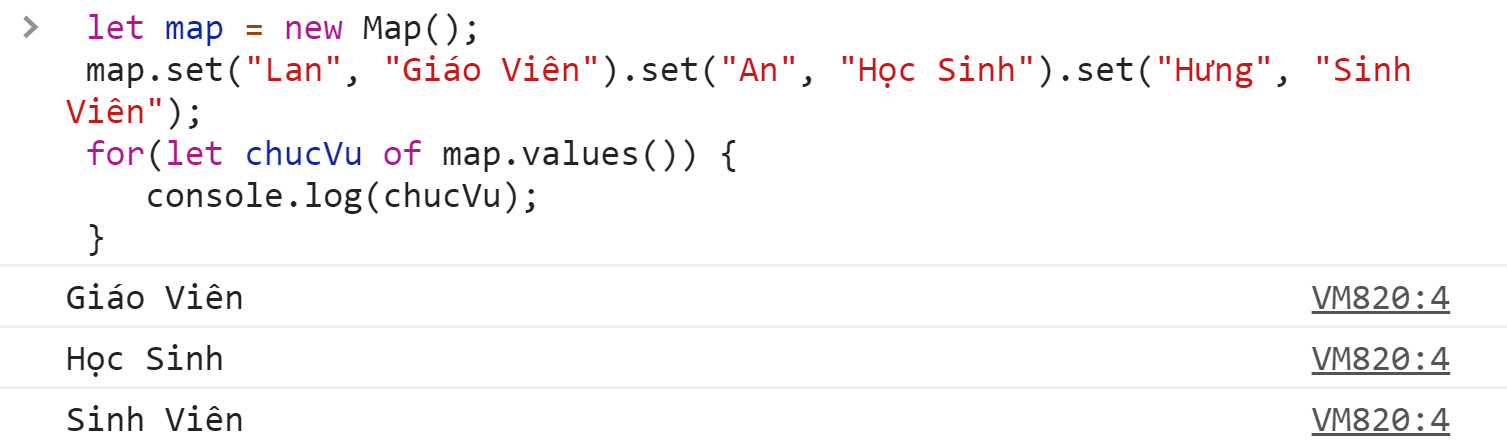 Lấy giá trị bằng values() Trong Map Javascript