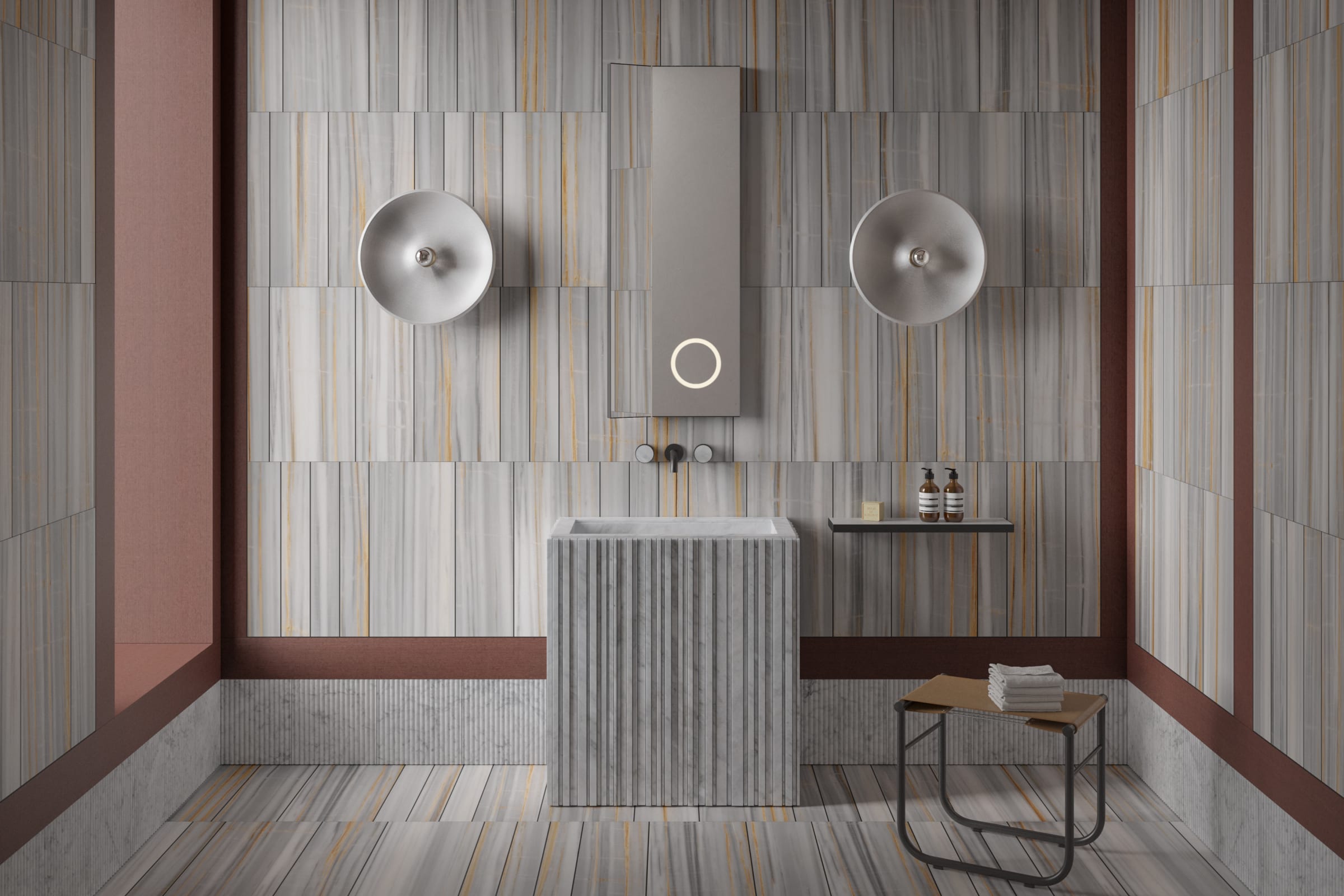 Bathroom with Tratti by Elisa Ossino in honed Albe d'Or