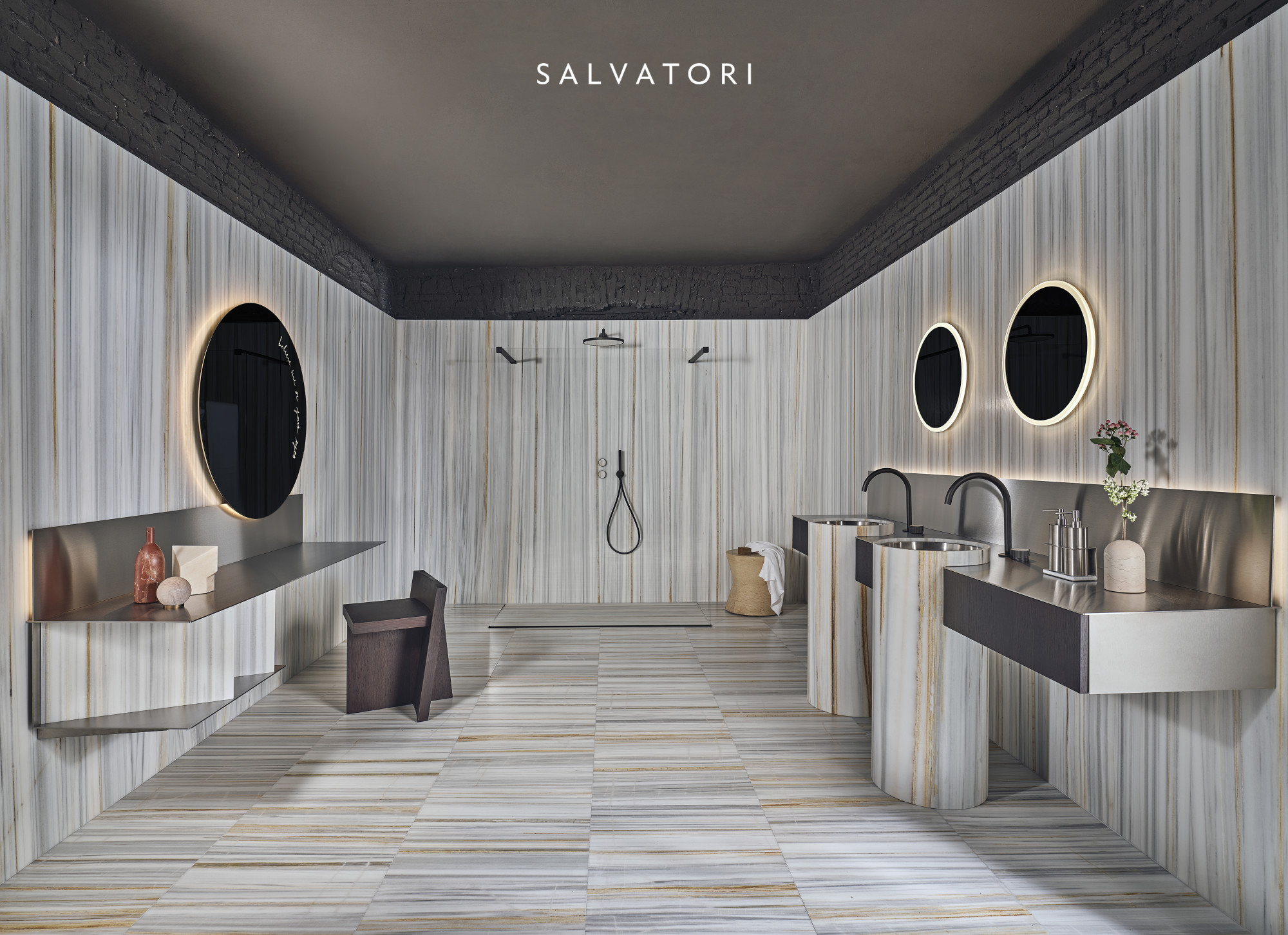 Honed Albe d'Or bathroom space, Salvatori Milan showroom