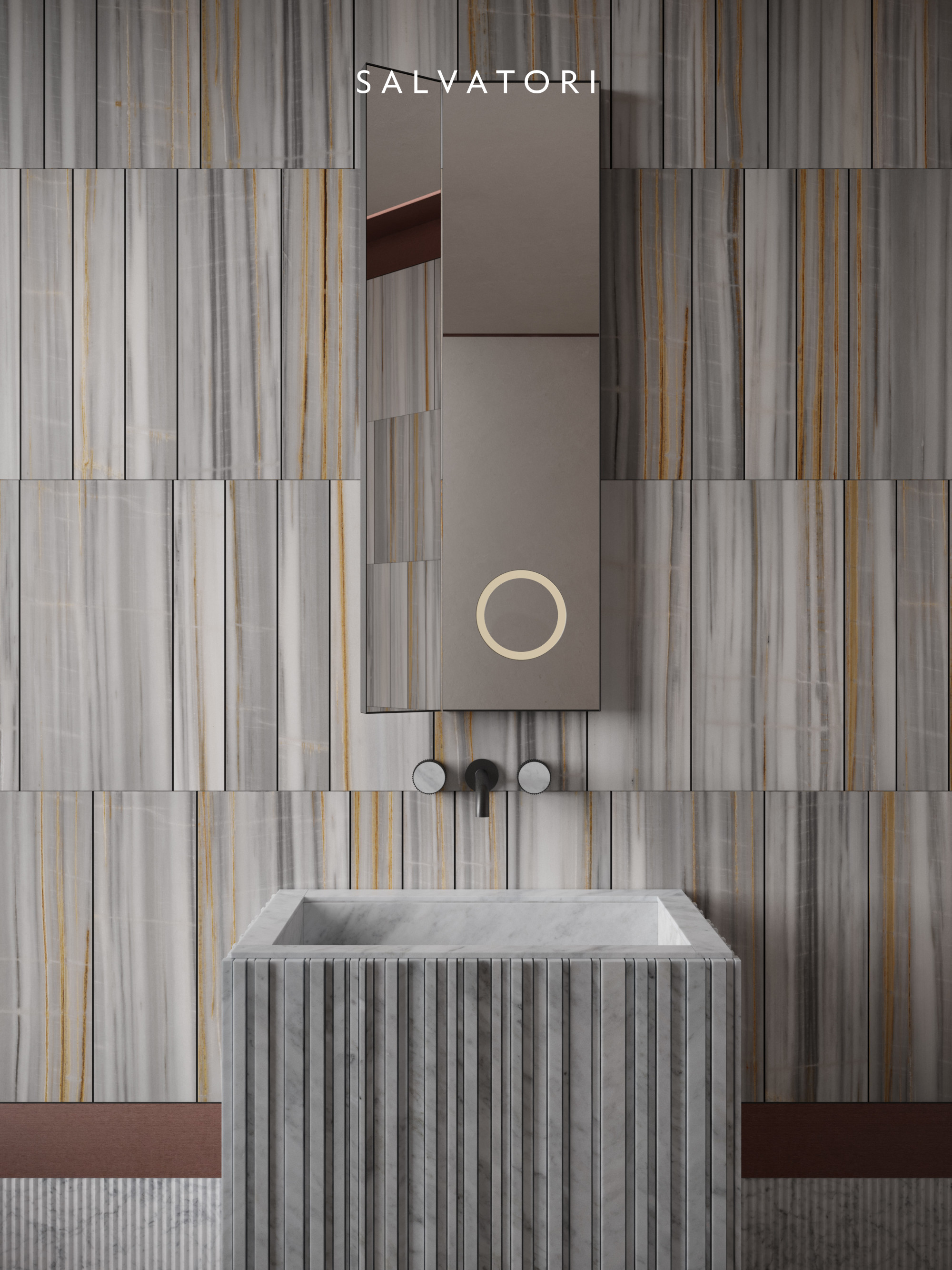 Tratti in honed Albe d'Or behind a washbasin