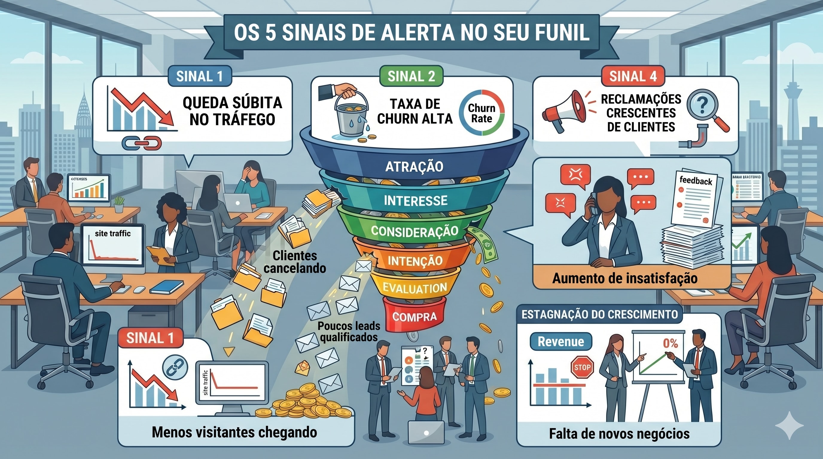 Um infográfico ou ilustração simples dos 5 sinais de alerta, talvez com ícones representativos para cada um.