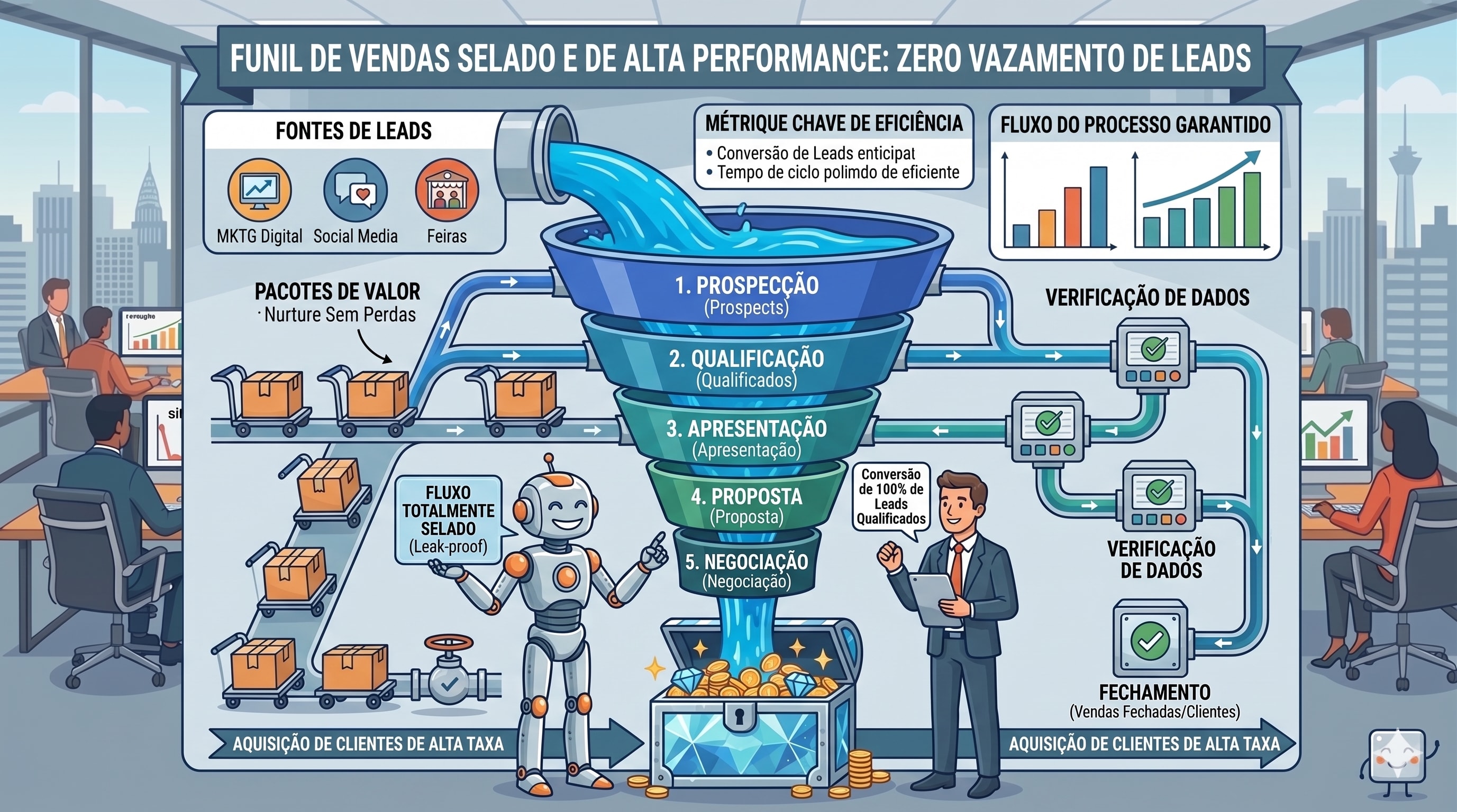 Esta imagem representa um funil de vendas bem estruturado, onde os leads fluem sem 'vazamentos'