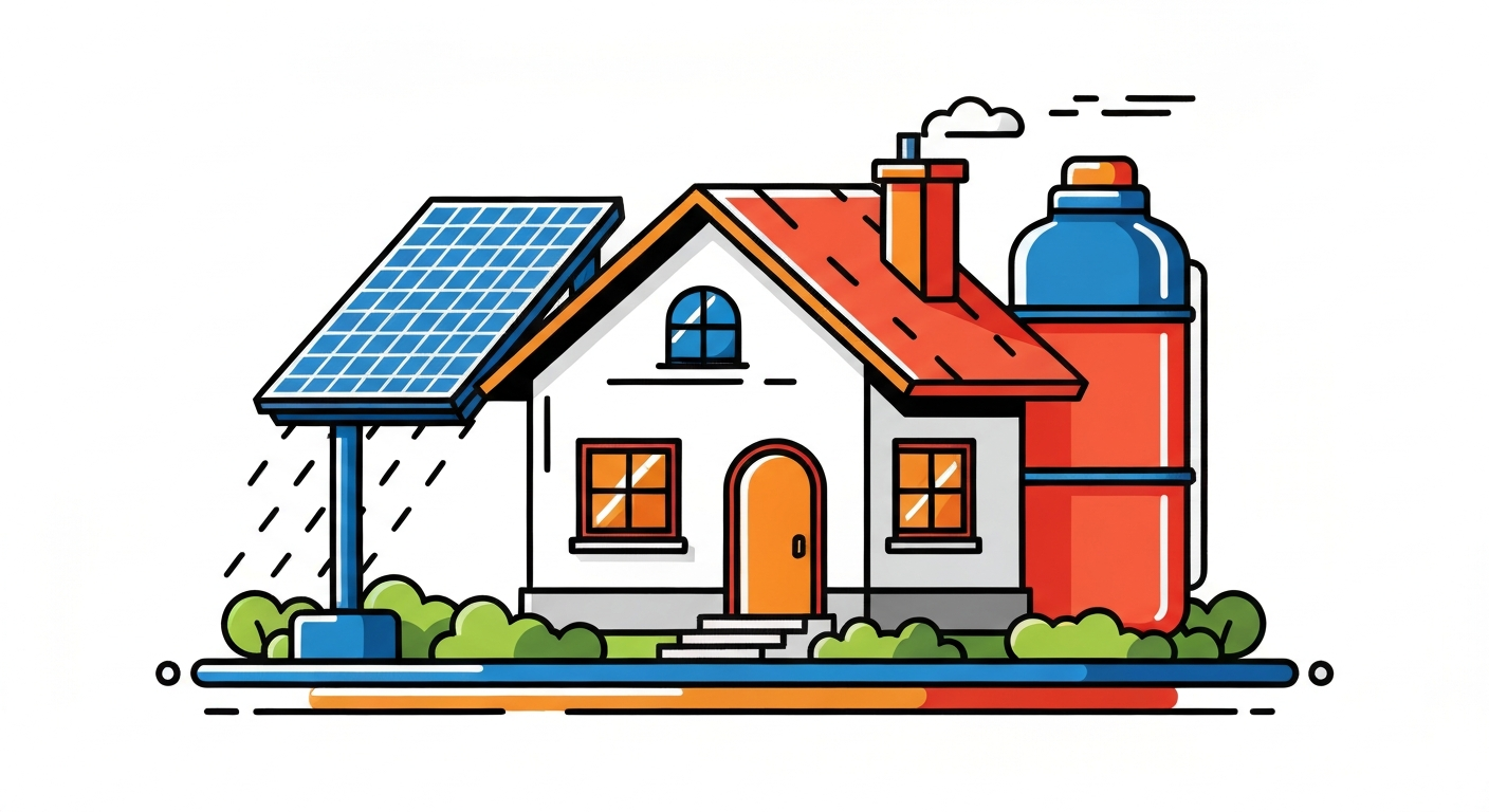 Ilustração de uma casa com painéis solares e um sistema de captação de água da chuva, simbolizando a sustentabilidade e a valorização.