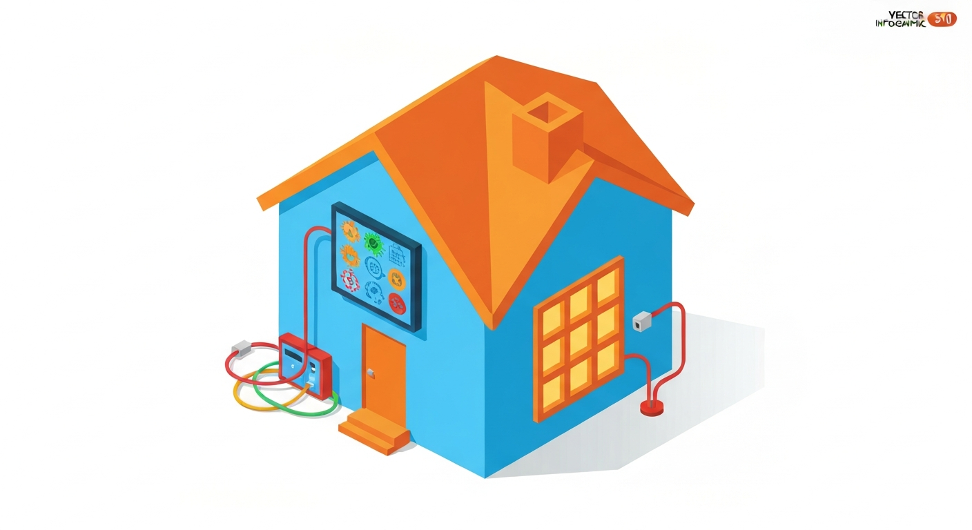 Ilustração de uma casa com tecnologia desatualizada e cabos bagunçados, representando a importância da infraestrutura tecnológica.
