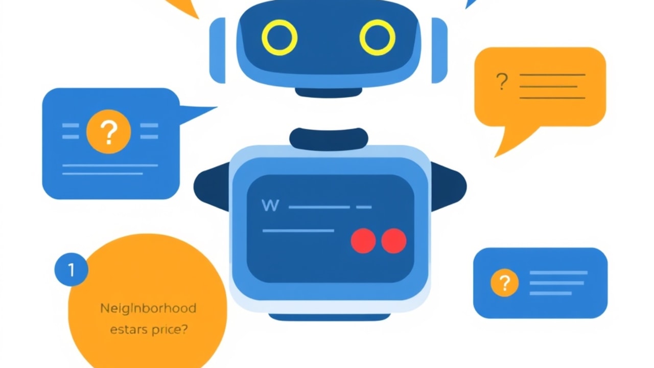 Ilustração de chatbot IA fazendo perguntas de qualificação sobre bairro, preço e tipo de imóvel