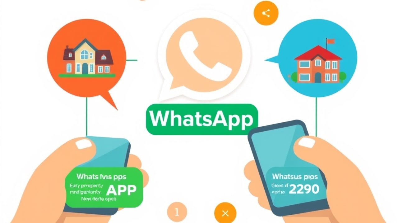 Ilustração de mensagem broadcast no WhatsApp mostrando fotos de imóveis e botões de chamada para ação