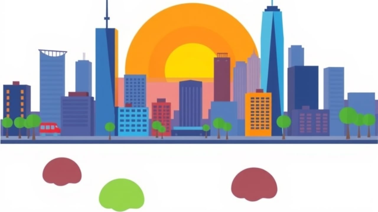 Ilustração de nascer do sol sobre a silhueta da cidade, simbolizando o início de uma estratégia de SEO local bem‑sucedida