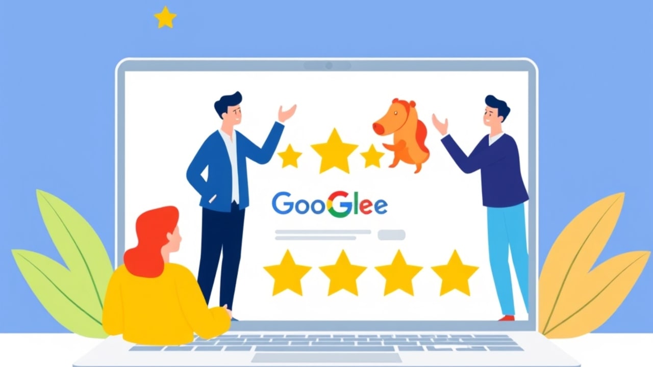 Ilustração de clientes satisfeitos deixando avaliações 5 estrelas em um laptop com logo do Google