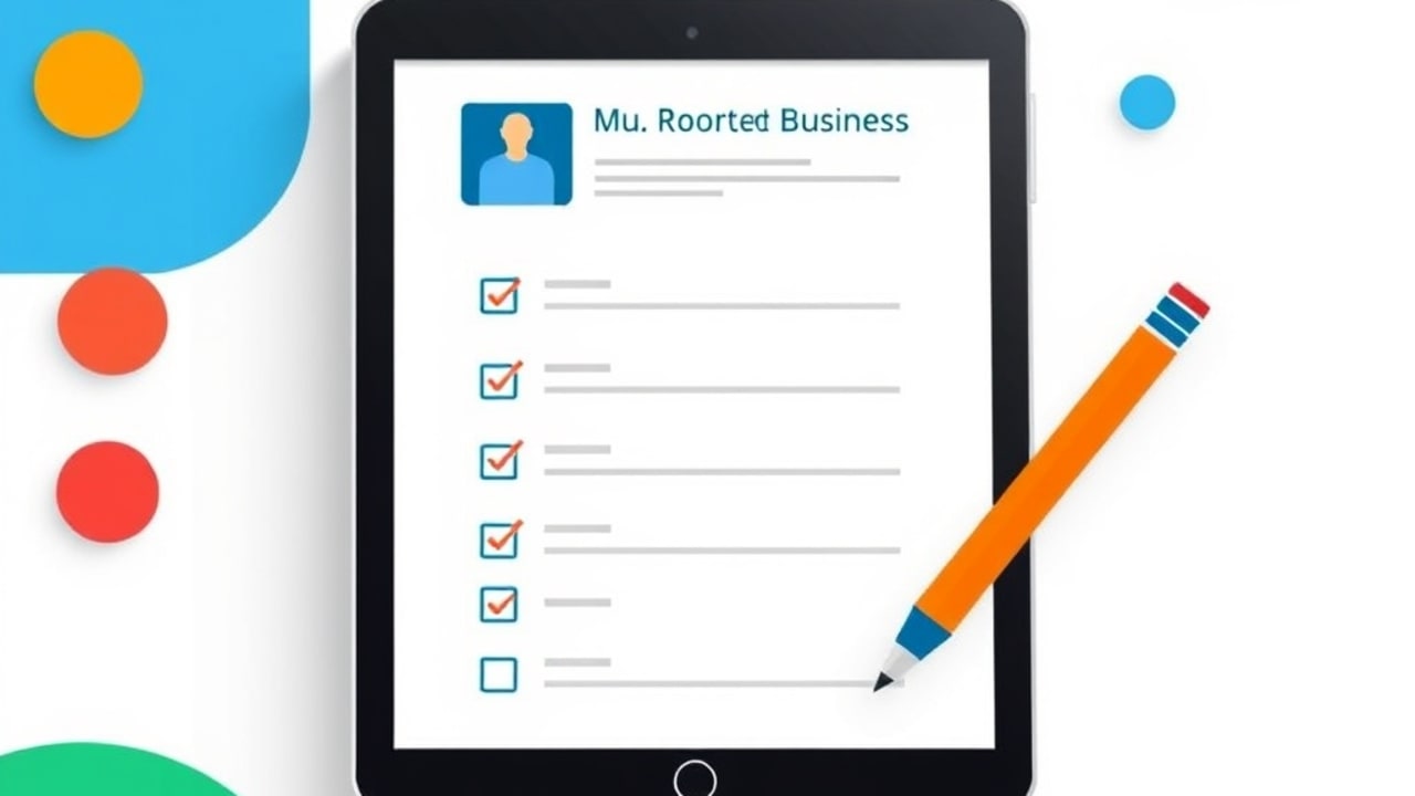 Ilustração de checklist em tablet mostrando os campos do Google Business Profile sendo preenchidos