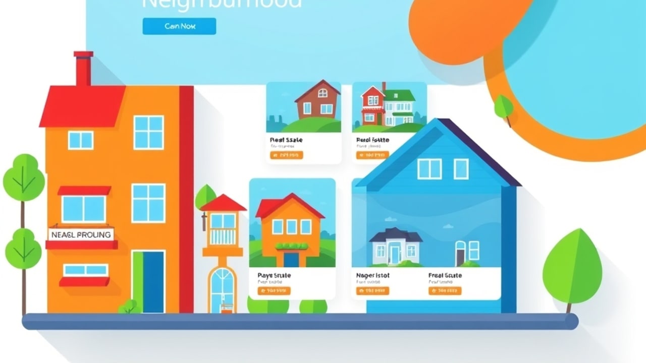 Ilustração de página web dividida em seções de bairros, com anúncios de imóveis em destaque