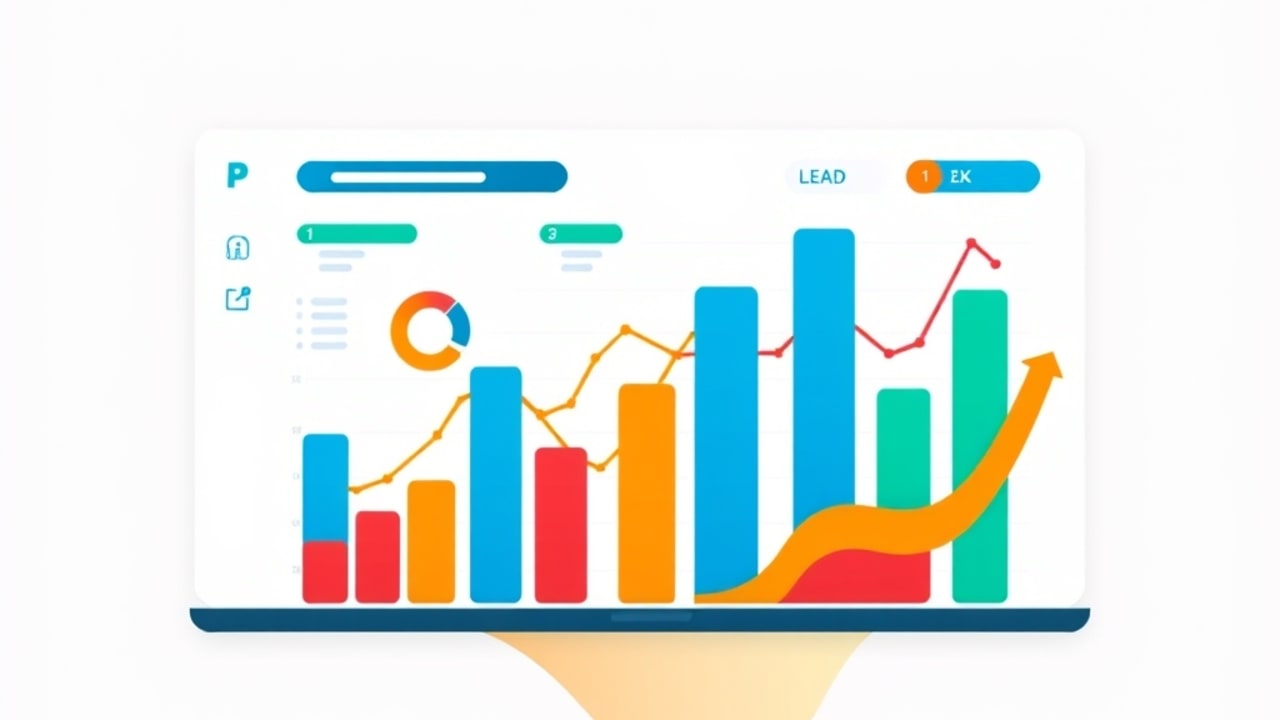 Ilustração de painel de controle com gráficos de KPI subindo, representando crescimento de leads e conversões