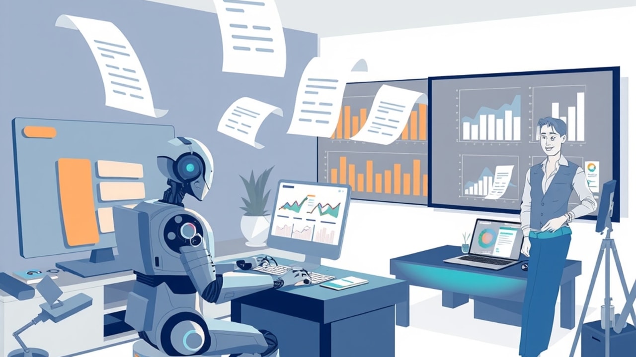 Ilustração de estúdio futurista com robô IA gerando rascunhos de anúncios e gráfico de resultados