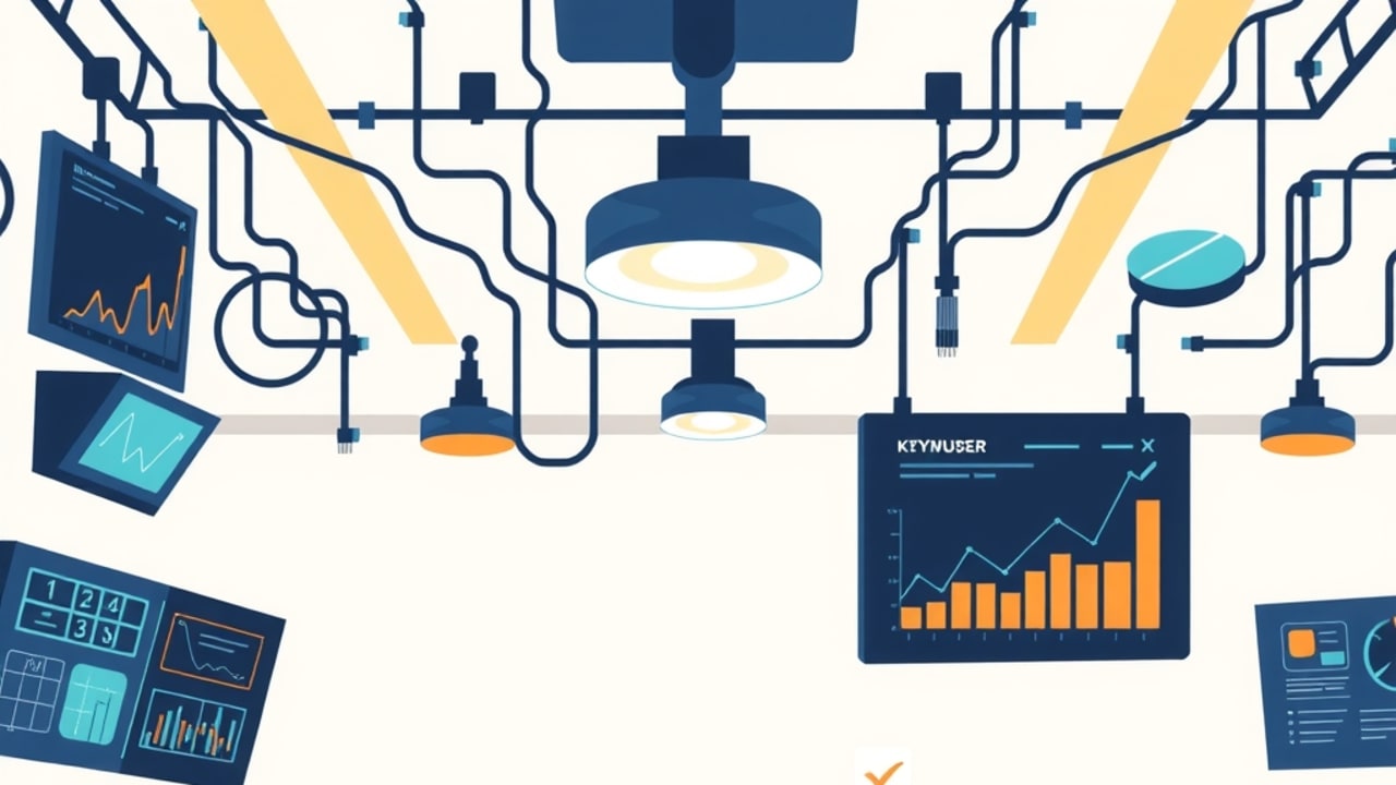 Ilustração de sala de controle técnico com telas de planejador de palavras‑chave e checklist de configuração