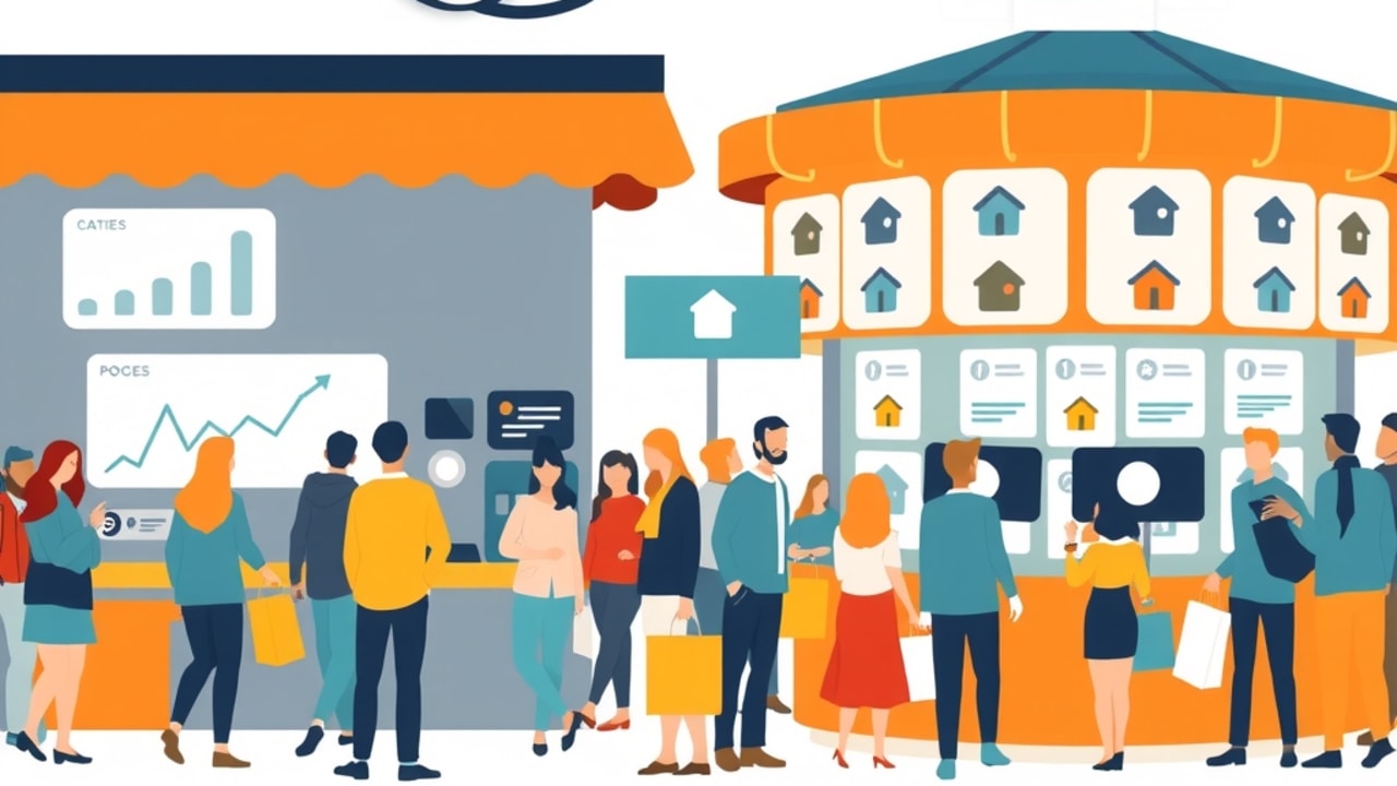 Ilustração de mercado com estandes: lupa sobre buscas de casas (Google) e carrossel de posts sociais (Meta)