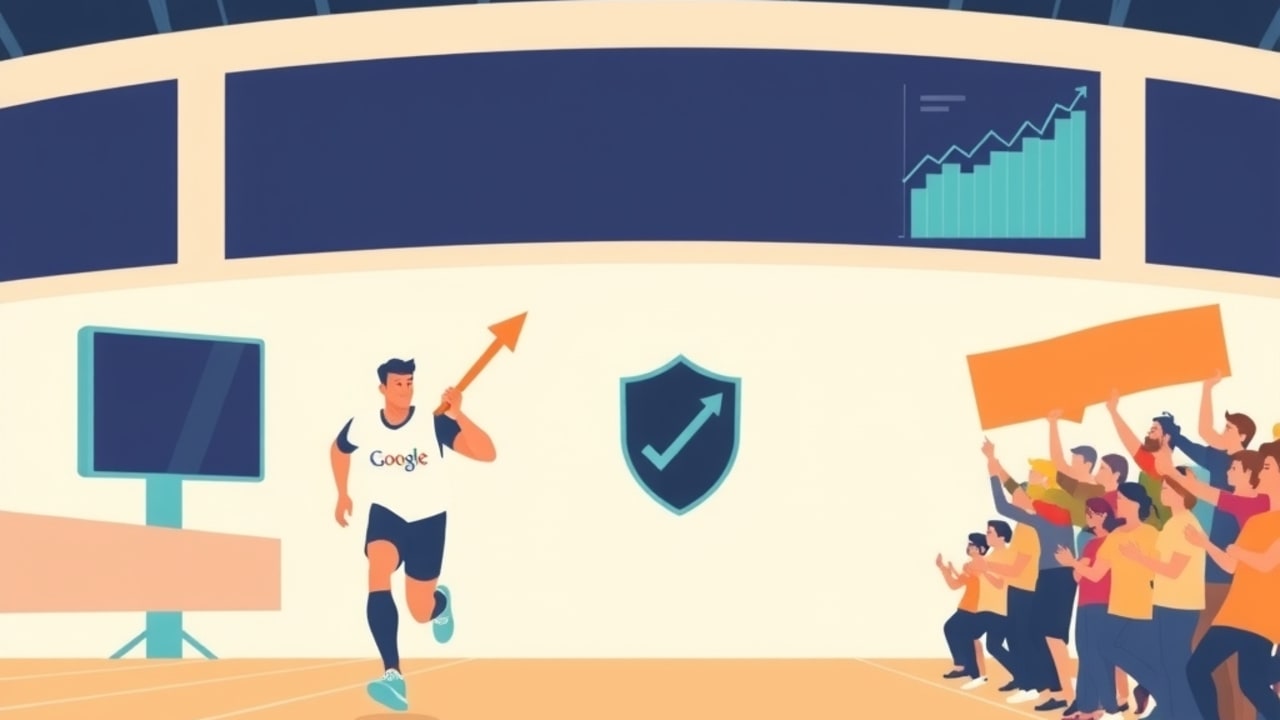 Ilustração de arena de placar com corredores Google e Meta carregando símbolos de métricas de performance