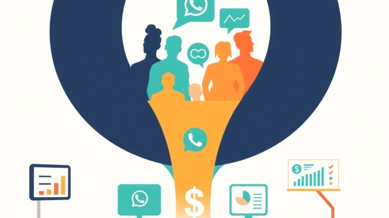 Ilustração de funil de site transformando visitantes em ícones de vendas com chat e WhatsApp