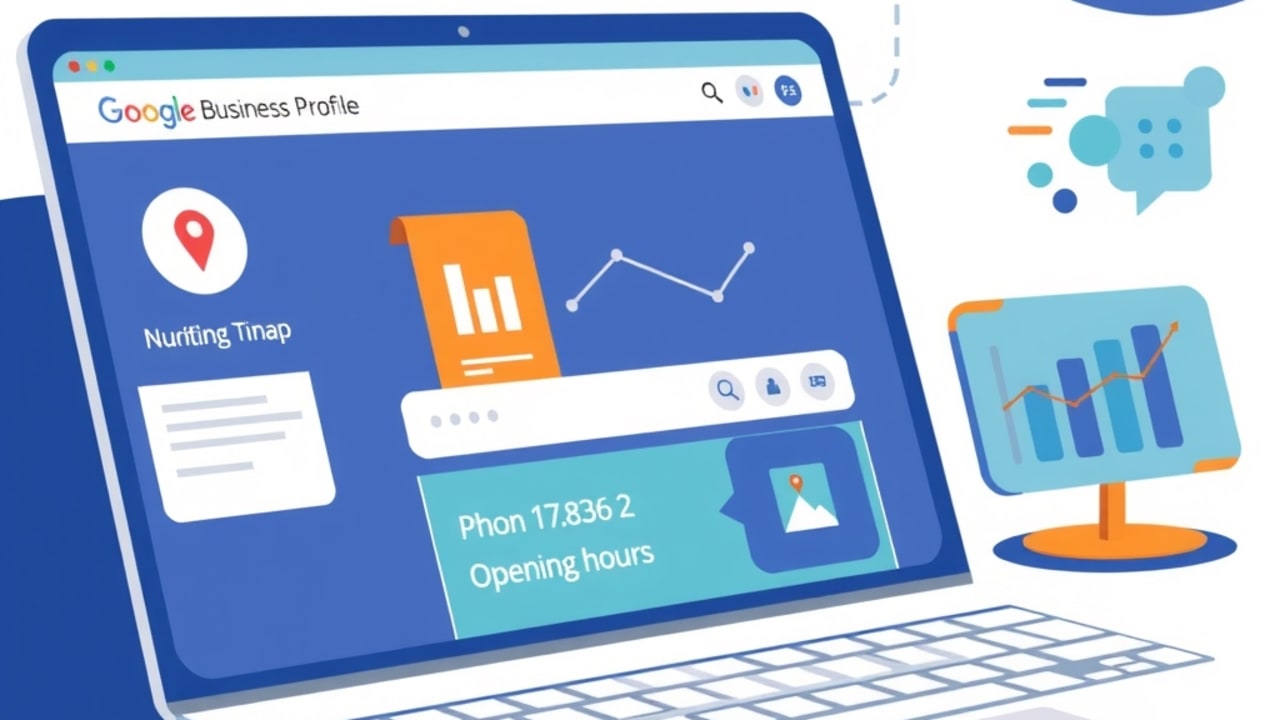 Ilustração de tela de laptop mostrando Perfil da Empresa no Google preenchido com URL, telefone e chat
