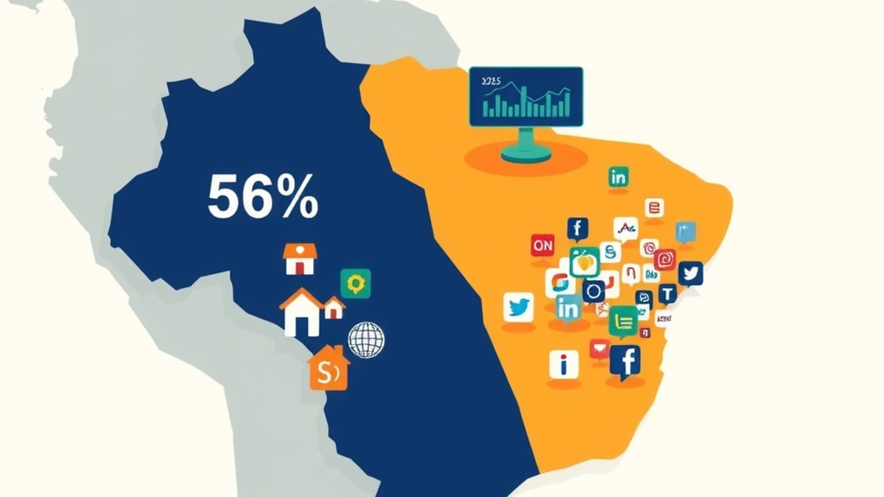 Ilustração de mapa do Brasil com 56% de ícones de site e 90% de ícones de redes sociais
