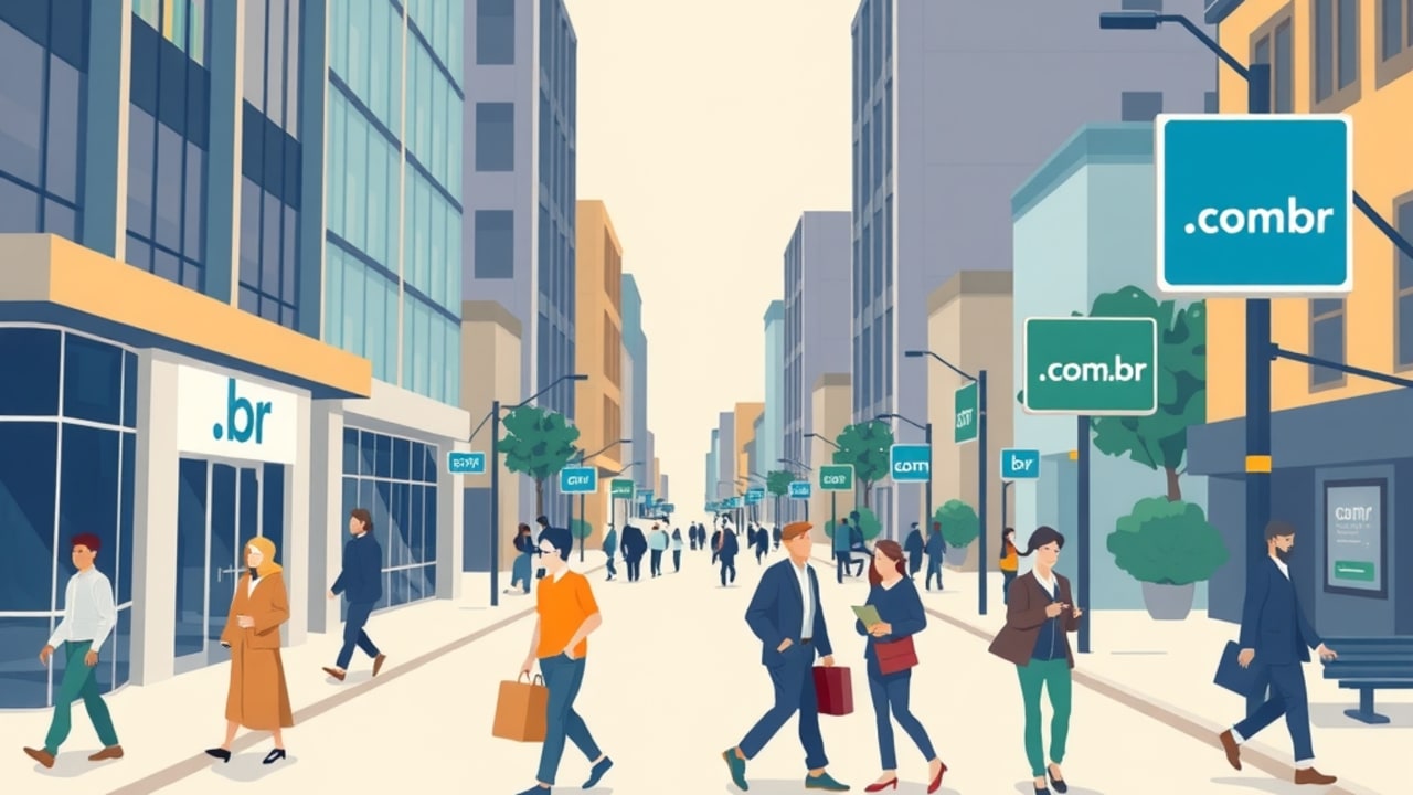 Ilustração de rua com prédio exibindo bandeira .com.br ao lado de edifícios com domínios genéricos