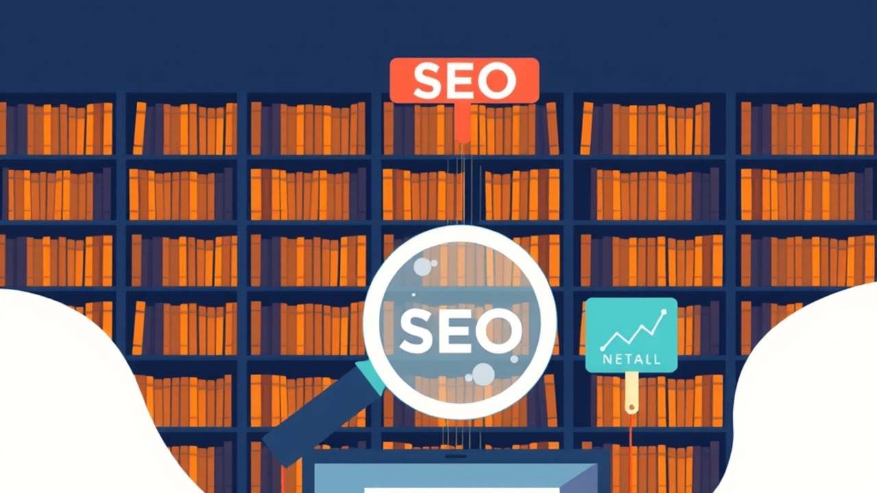 Ilustração de uma biblioteca com livros de SEO e um laptop recebendo leads qualificados da busca orgânica