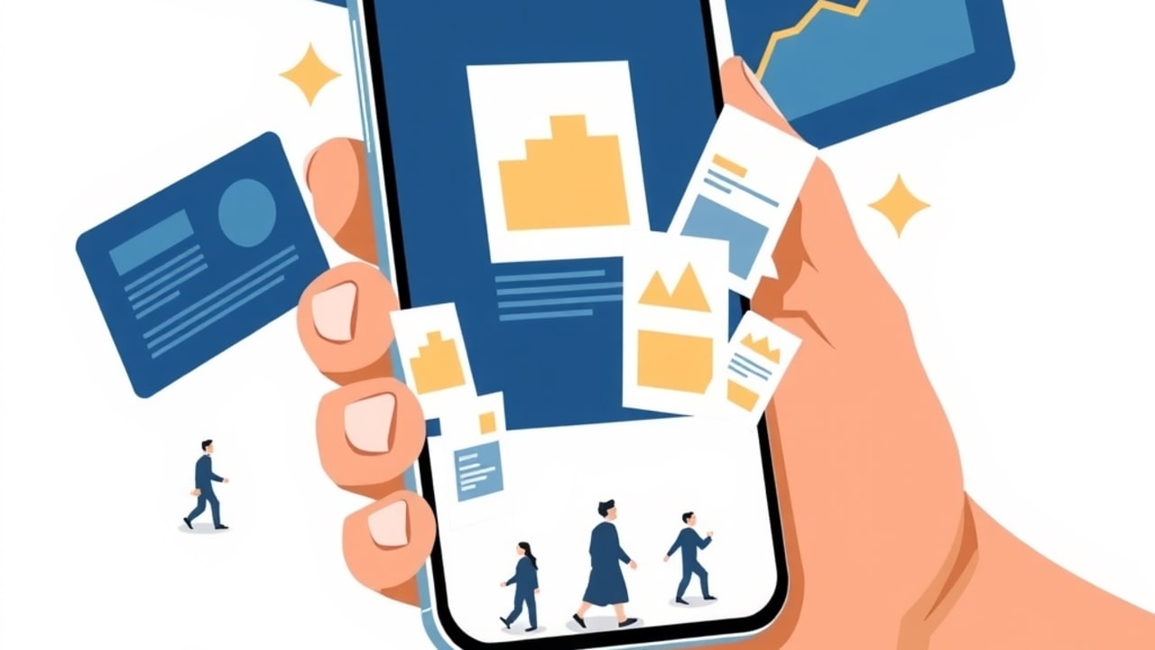 Ilustração de um smartphone exibindo anúncios verticais do Meta Ads, com usuários aproximando‑se do dispositivo