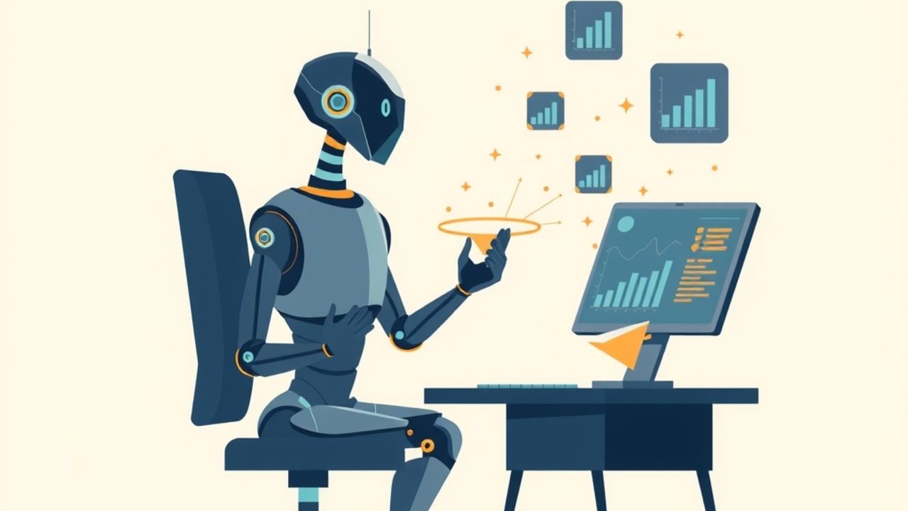 Ilustração de um robô de IA projetando ícones de leads holográficos que se multiplicam, simbolizando alta taxa de conversão