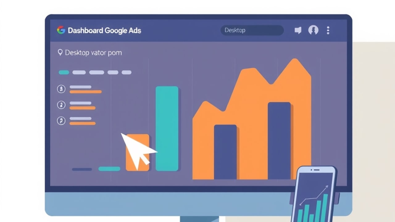 Ilustração de um painel do Google Ads focado em desktop, mostrando gráficos de conversão mais altos que os de mobile