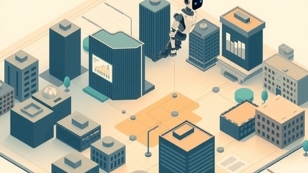 Ilustração de planta detalhada de rua urbana com ícones de schema de dados flutuando para robô de IA que lê o plano