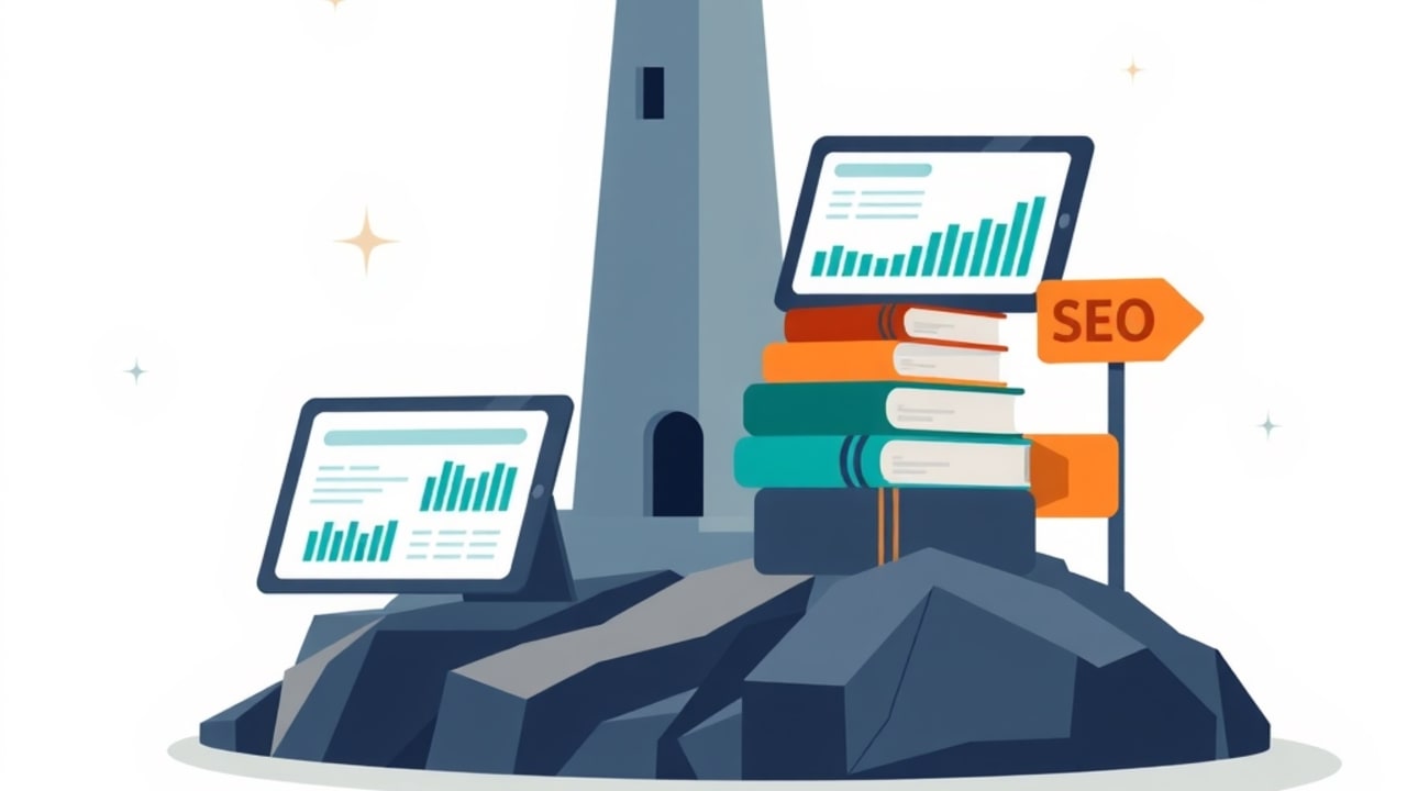 Ilustração de farol clássico iluminando livros de SEO tradicionais e tablet com resultados de busca modernos