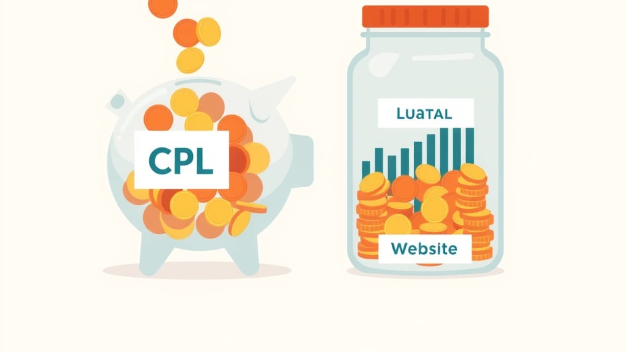 Ilustração de cofrinho transparente cheio de moedas de CPL saindo de anúncios nos portais, ao lado de jarra de website com menos moedas, comparando custos