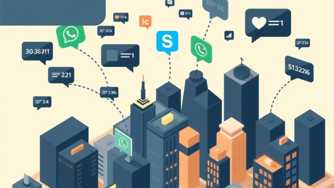 Ilustração de mapa urbano com bolhas de chat surgindo dos prédios, representando 71% das empresas usando WhatsApp, Skype e Facebook para gerar leads