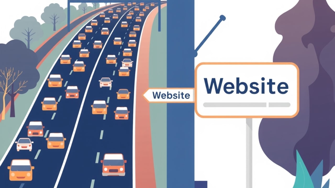 Ilustração de tela dividida: estrada lotada de tráfego de portais convergindo para saída "Website" e jardim calmo com landing page bem cuidada, destacando relevância do site