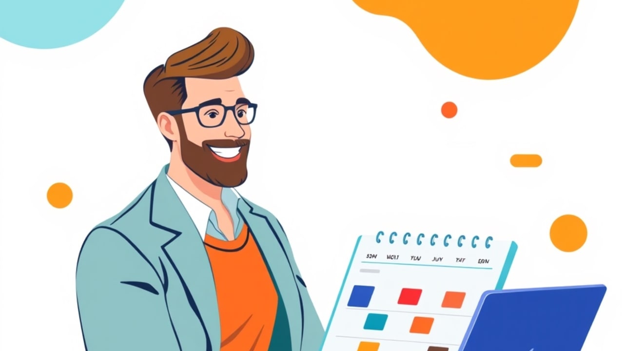 Ilustração de corretor satisfeito verificando agenda cheia no laptop