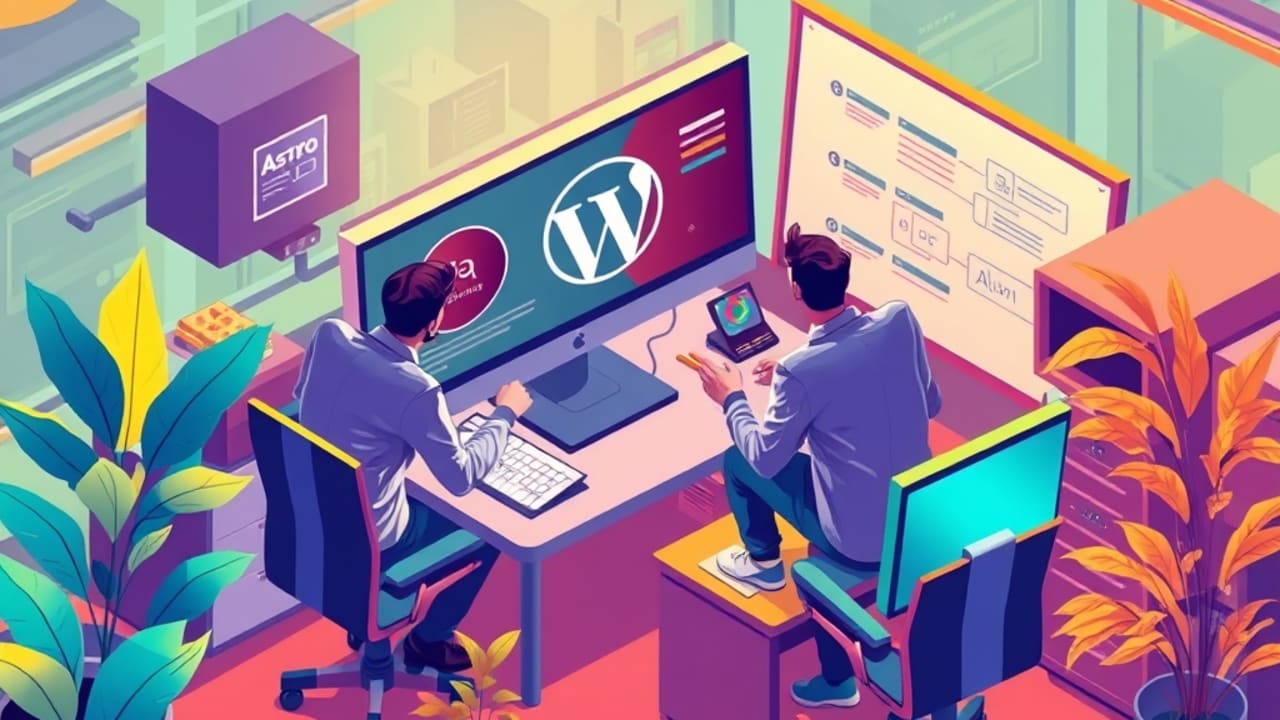 Ilustração comparando arquitetura de Astro e WordPress em estúdio de desenvolvimento, com logos e quadro de discussões