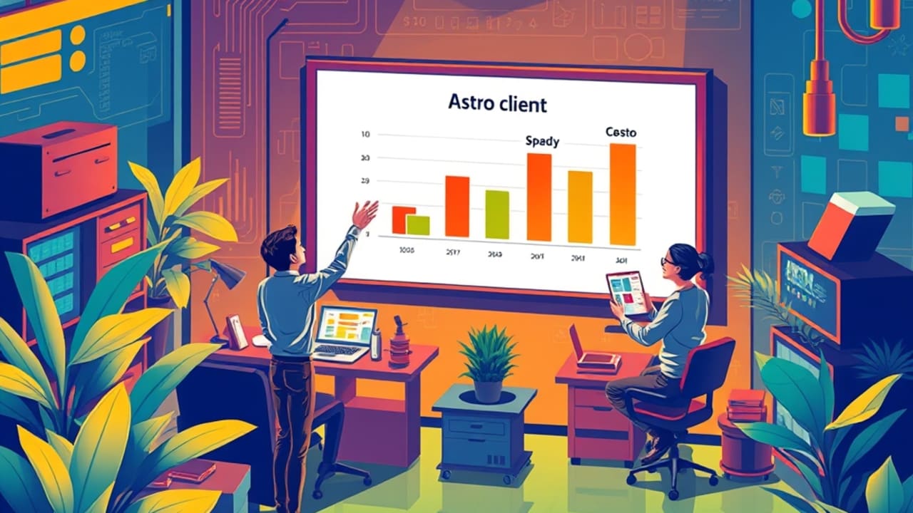 Ilustração de comparação de custos entre WordPress e Astro exibida em tela de reunião, com destaque para economia
