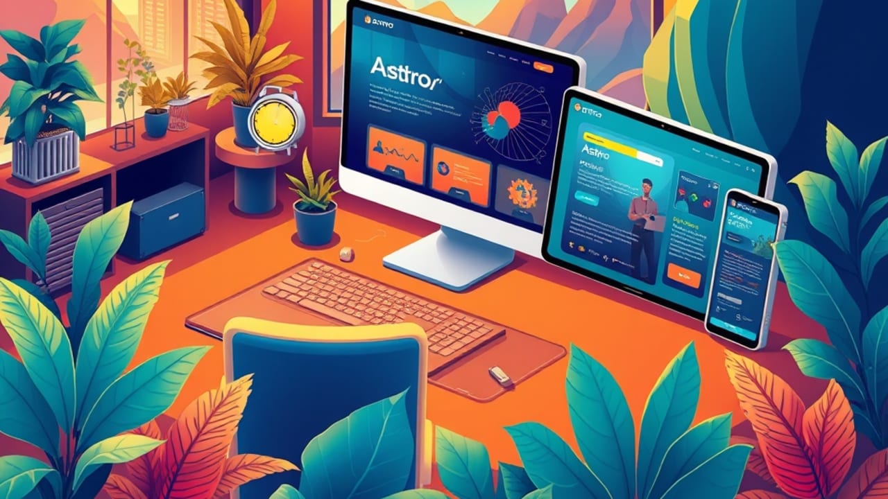 Ilustração de site Astro exibido em múltiplos dispositivos, mostrando indicadores de carregamento ultra‑rápido