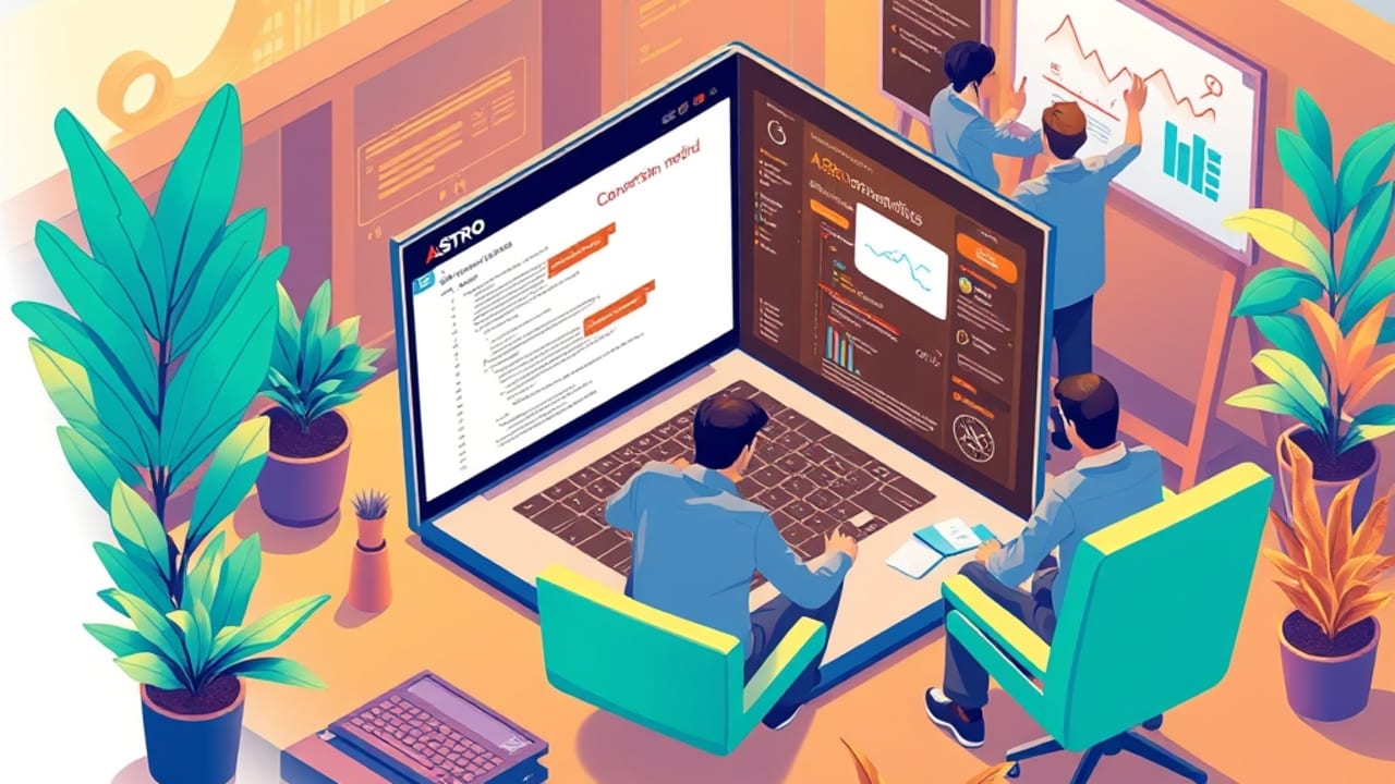Ilustração de desenvolvedor configurando template Astro de alta conversão em coworking, mostrando código e gráficos de conversão