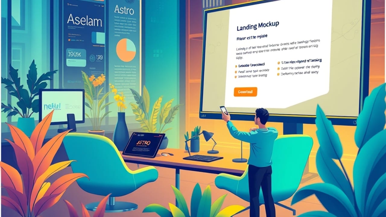 Ilustração de página de landing com CTA destacado, download do template Astro gratuito sendo oferecido a empreendedores