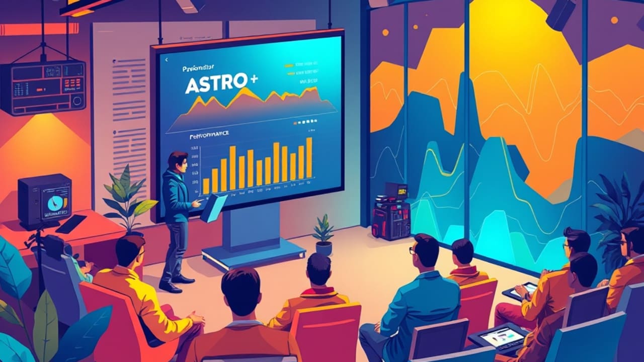 Ilustração de palestra sobre desempenho Astro em sala de conferência futurista, público de empreendedores e devs atento