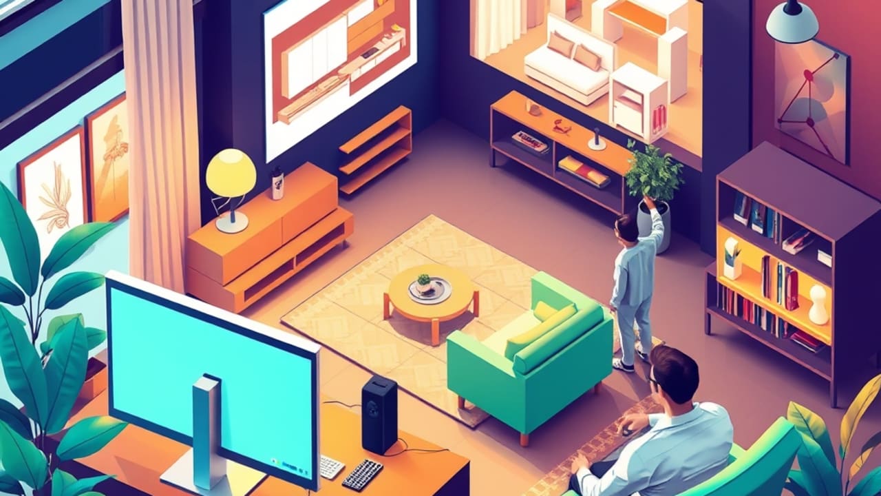 Ilustração de artista 3D realizando staging virtual de sala de estar em estúdio de design
